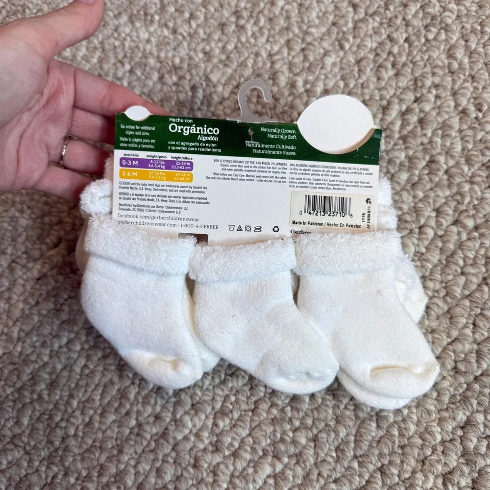 Gerber 6 Pack Organic Cotton Wiggle Proof Baby Socks White Size 3-6 Months